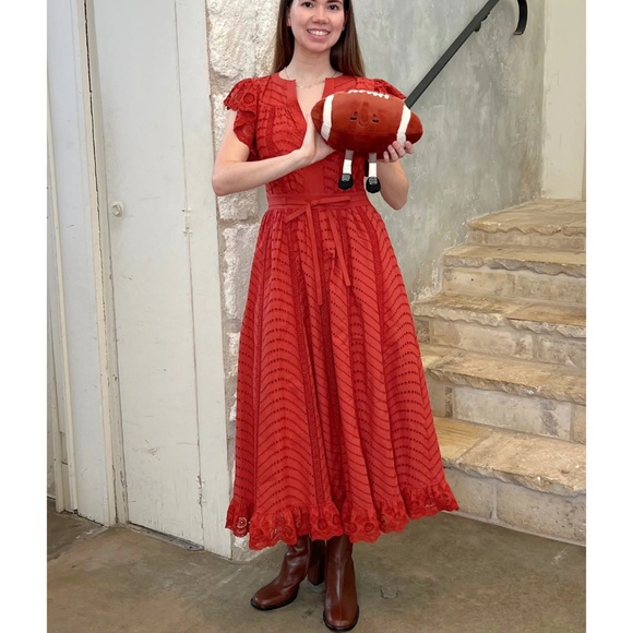 ULLA JOHNSON Olga Ruffled V-Neck Midi Dress - Red - Picture 2 of 6